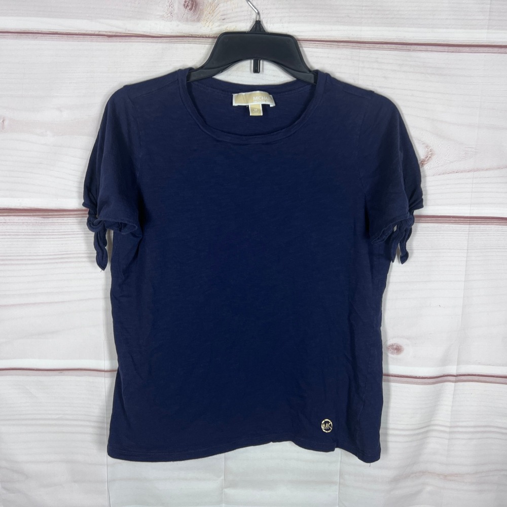 Michael Kors T-Shirt Women Medium Blue Short Sleeve Tie Cotton Solid Basic Top